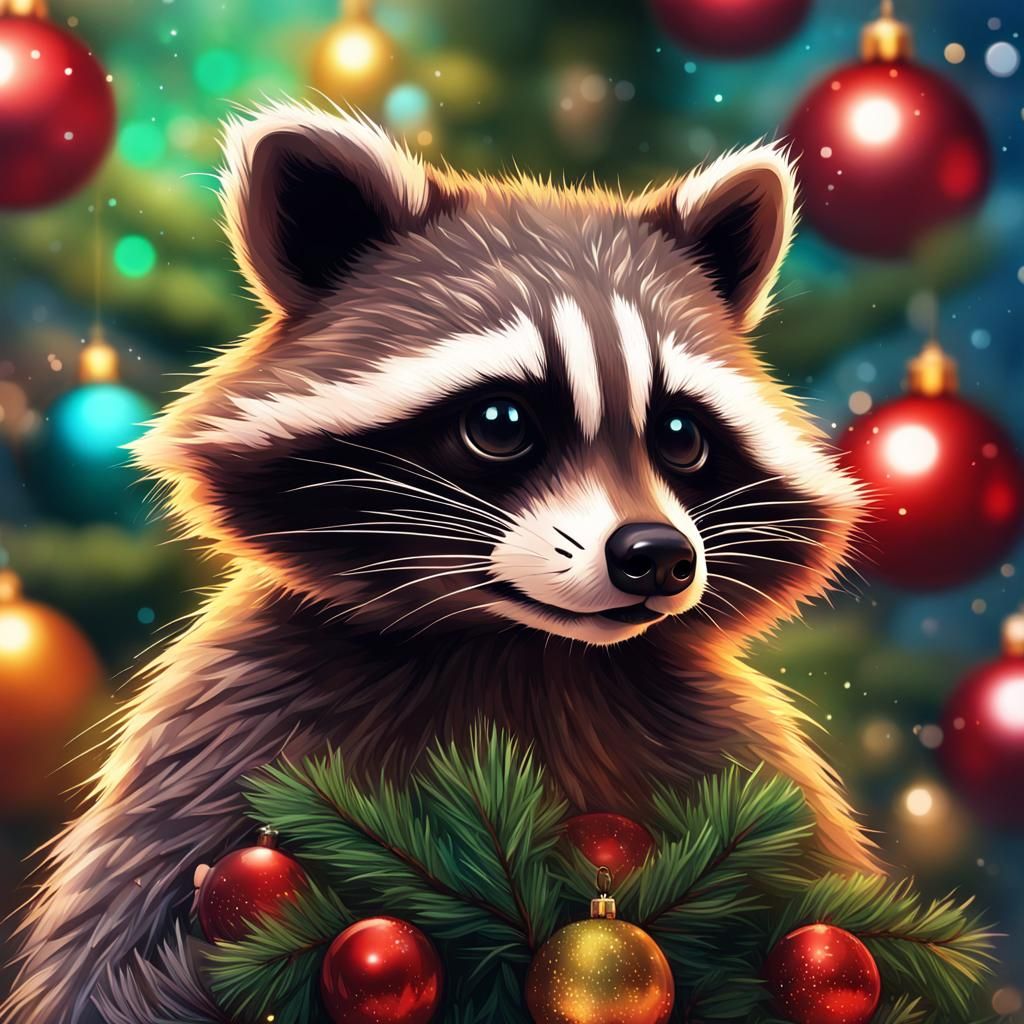 Cute Christmas Raccoon with Christmas Tree