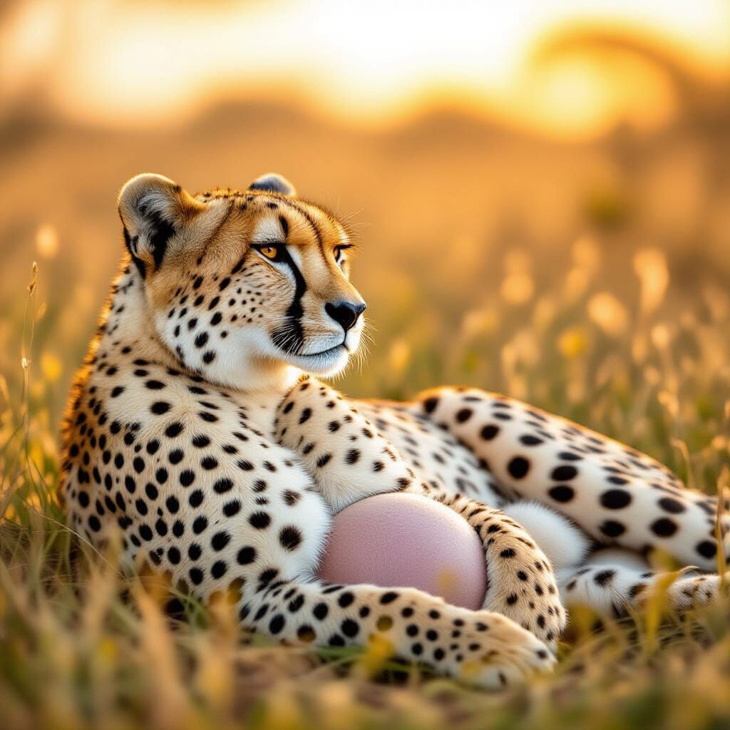 Pregnant Cheetah Rests in Sunlit Savanna