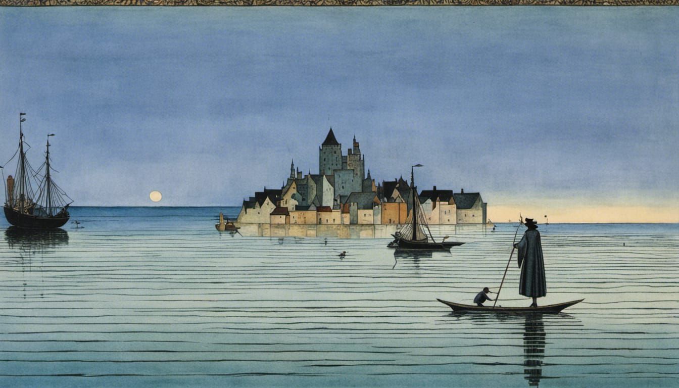 Fisherman at Dawn: Medieval Port Town Illustration