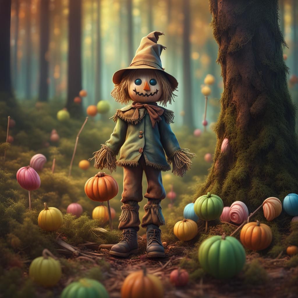 Baby Scarecrow in a Candy Art Style Forest