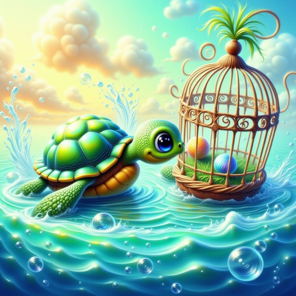 Happy Sea Turtle Nudges Ornate Birdcage in Sunny Ocean