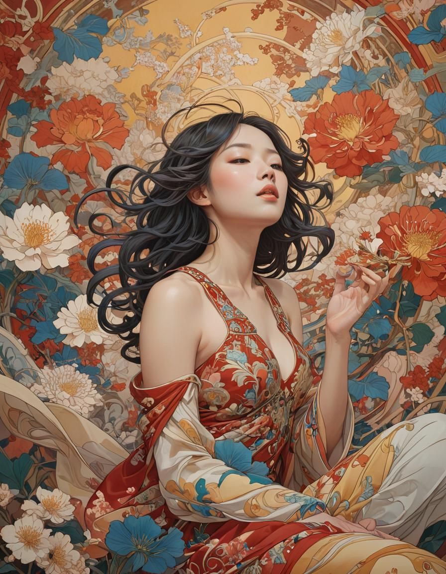 Vibrant Chinese Art Nouveau Girl in Ecstasy