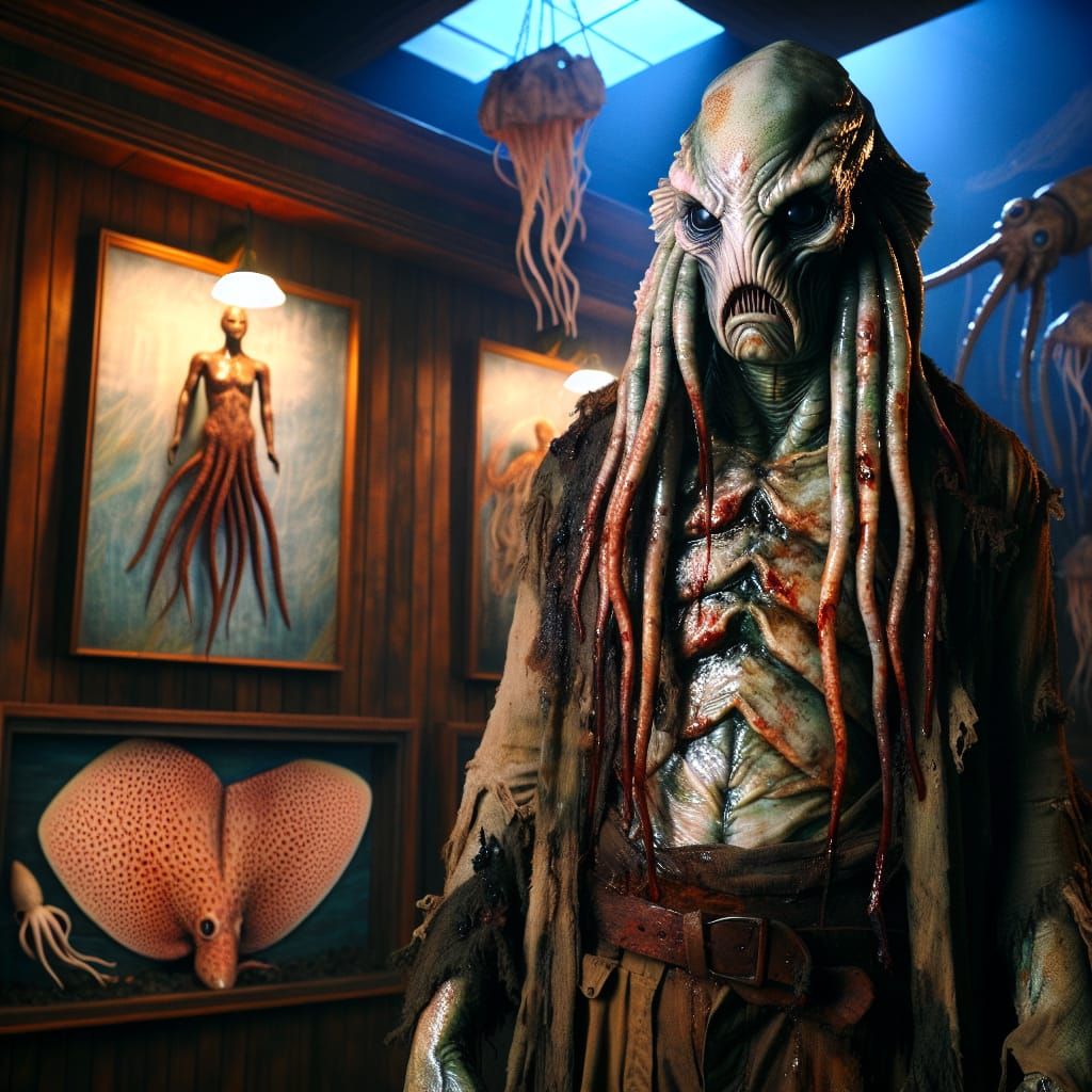 Cinematic Deep Sea Creature in Marine Temple