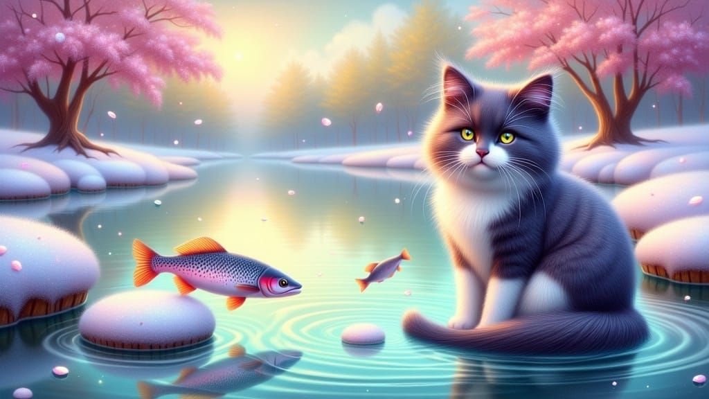 Tuxedo Cat Gazing at Pike in Marshmallowpunk Pond