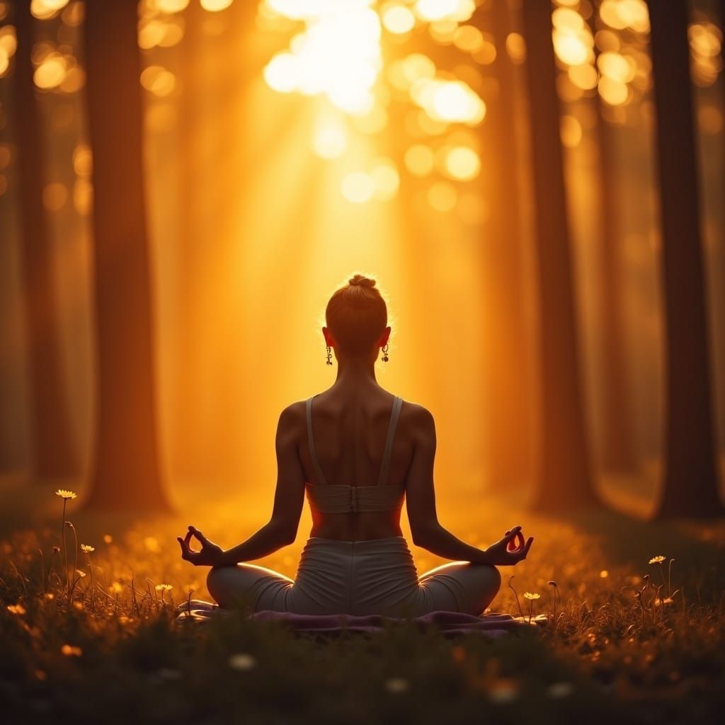 Serene Yoga Lotus Pose in Golden Sunset Forest