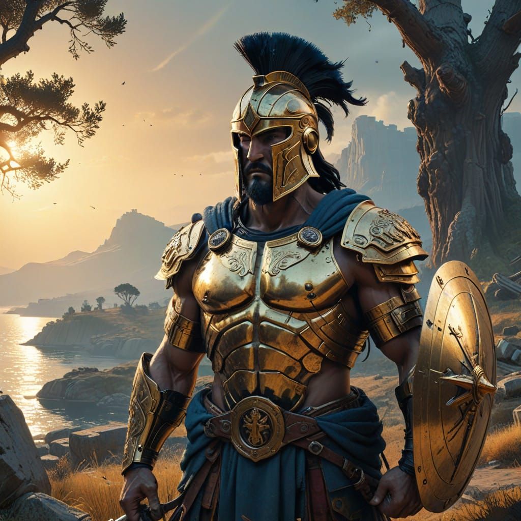 Spartan Warrior in Bronze Armor, Ancient Greek Landscape
