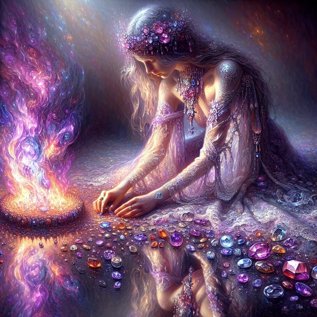 Woman Before Violet Fire: Ceremonial Oil Painting