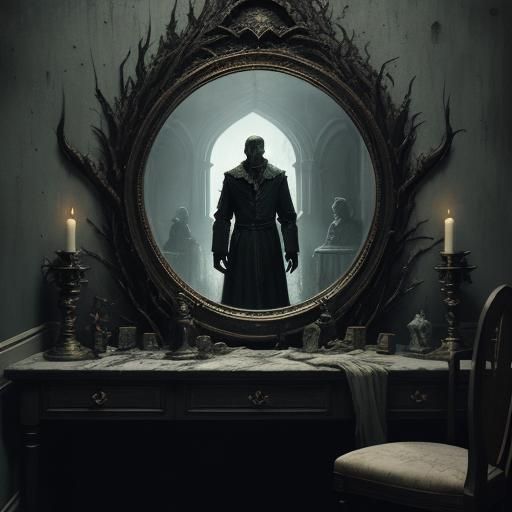 Creepy Wall Mirror Reflecting Dark Shadows and Monsters