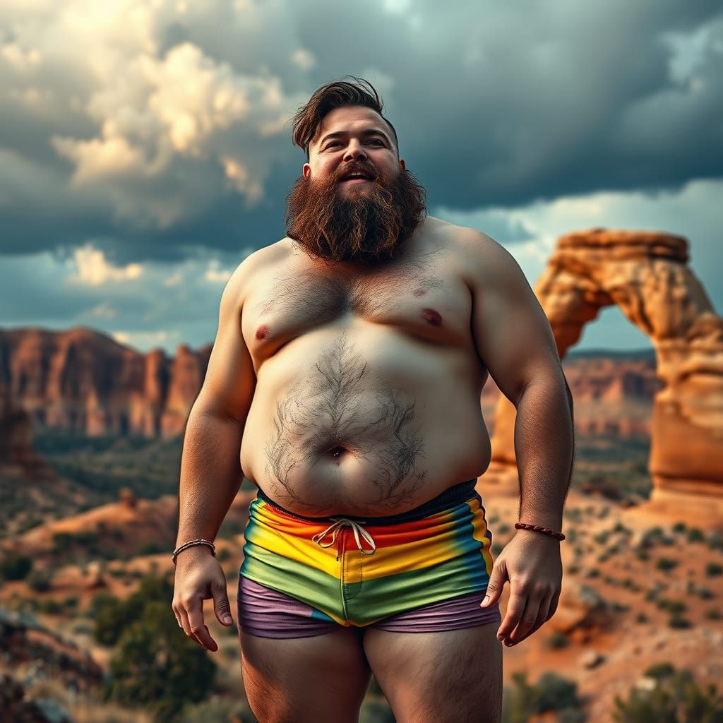Psychedelic Arches National Park: Burly Man in Rainbow Short...