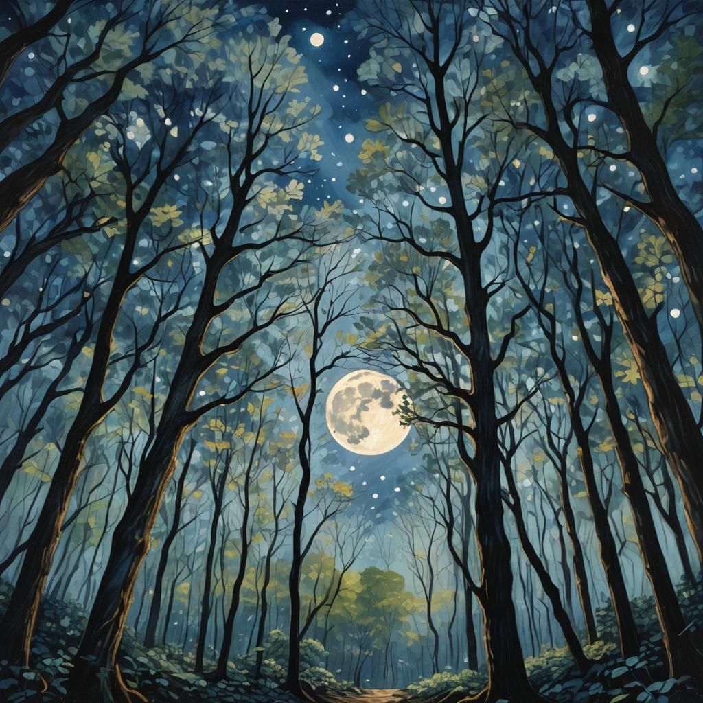 Full Moon Through Forest Trees in Van Gogh Style