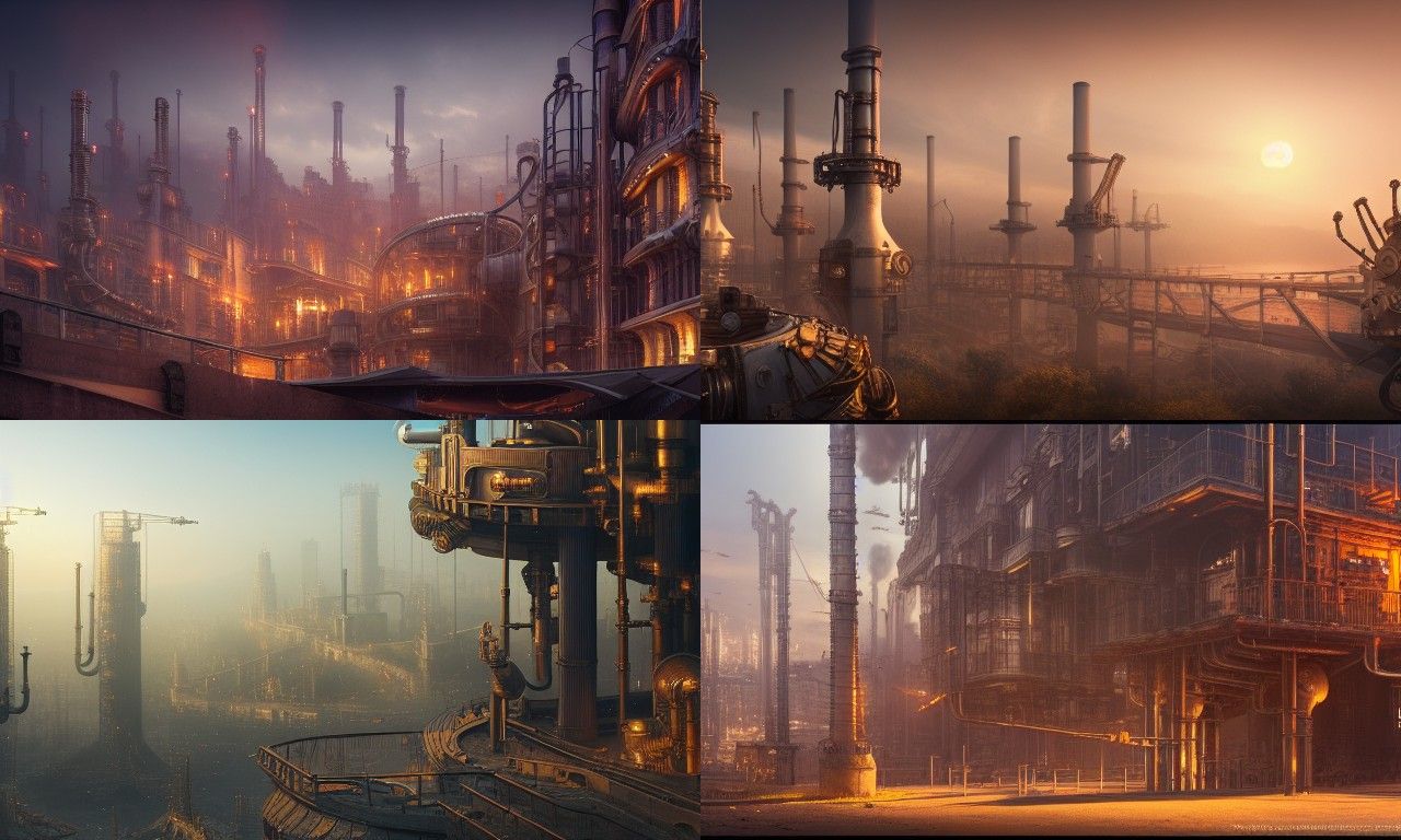Steampunk Cityscape with Ray Tracing Reflections