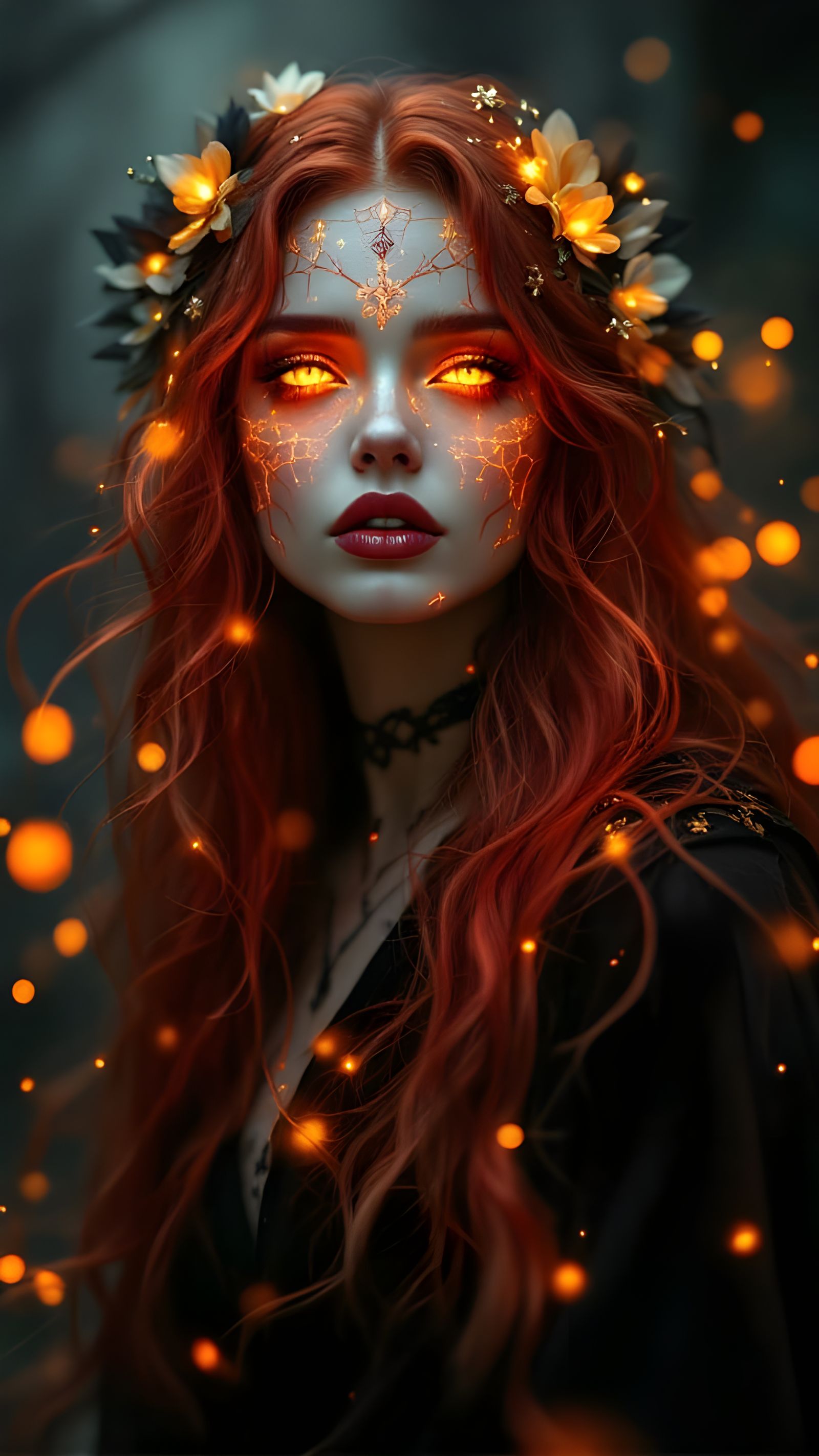 Mystical Sorceress in Fiery Red-Orange Hues
