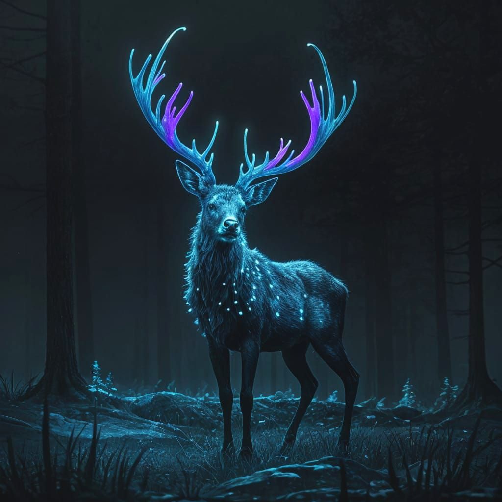 Bioluminescent Stag in a Dark Forest: Digital Painting