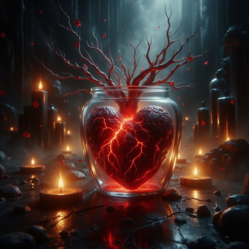 Pulsing Heart in Glass Jar with Golden Light
