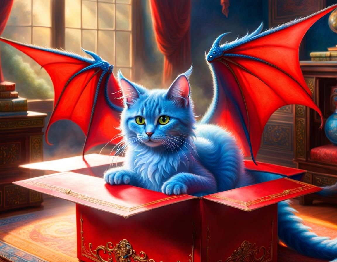 Winged Blue Dragon Cat Playing in Red Box