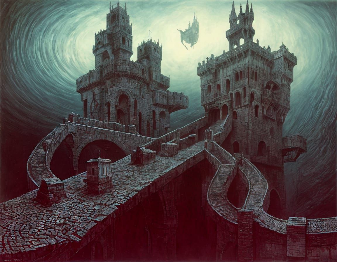 Surreal Castle with Drawbridges: Dreamlike Landscape
