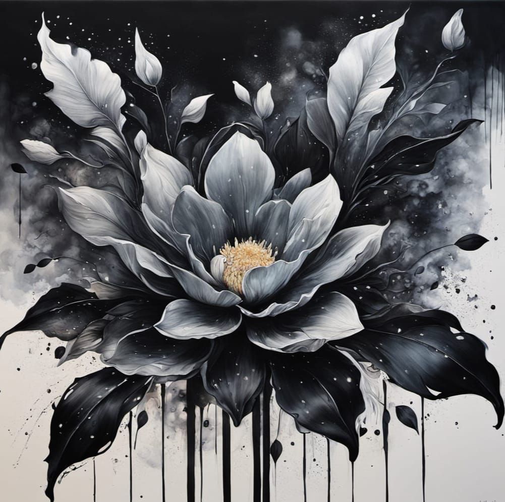 Modern Black Floral Painting in Cyberpunk Style