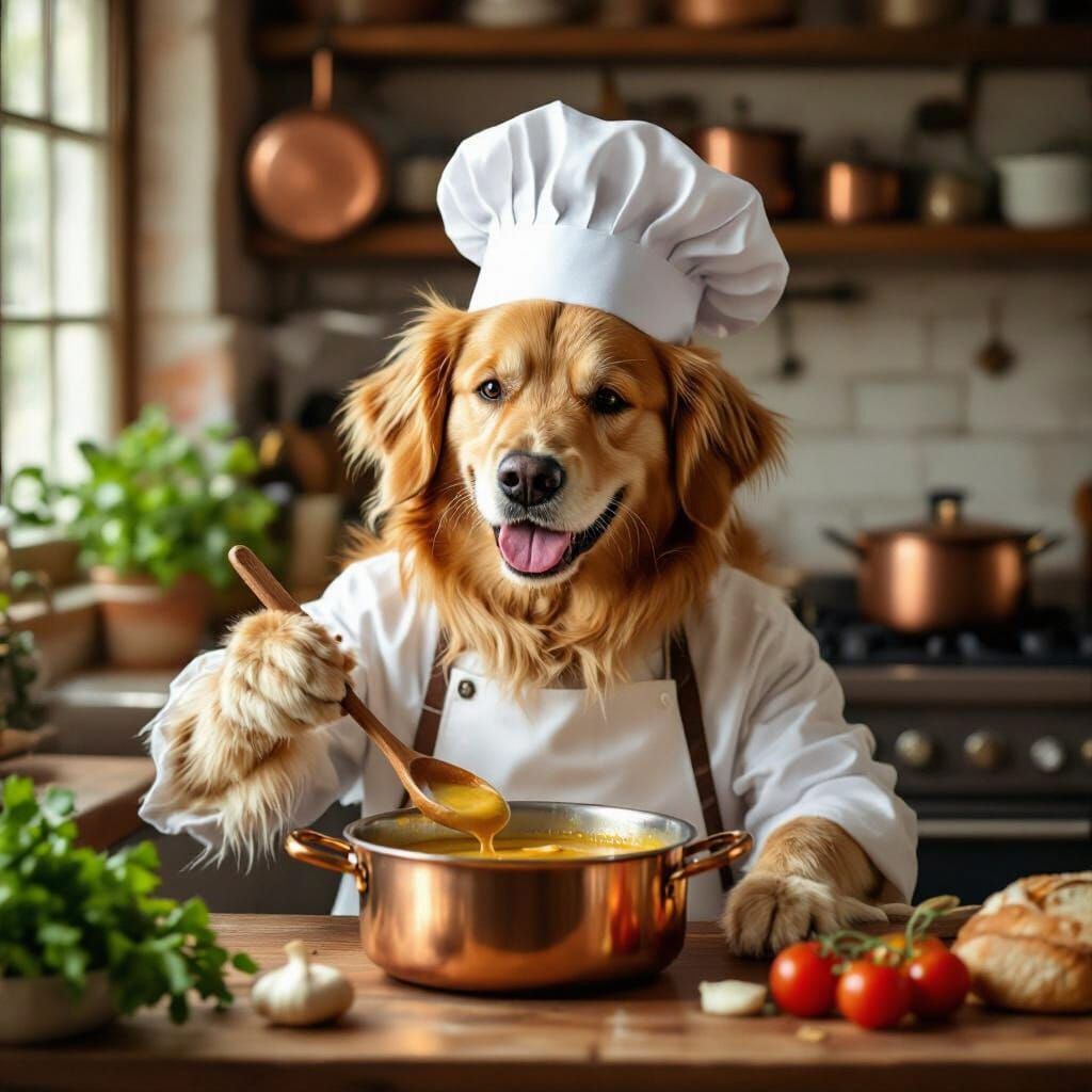 Golden Retriever Chef in Cozy French Kitchen