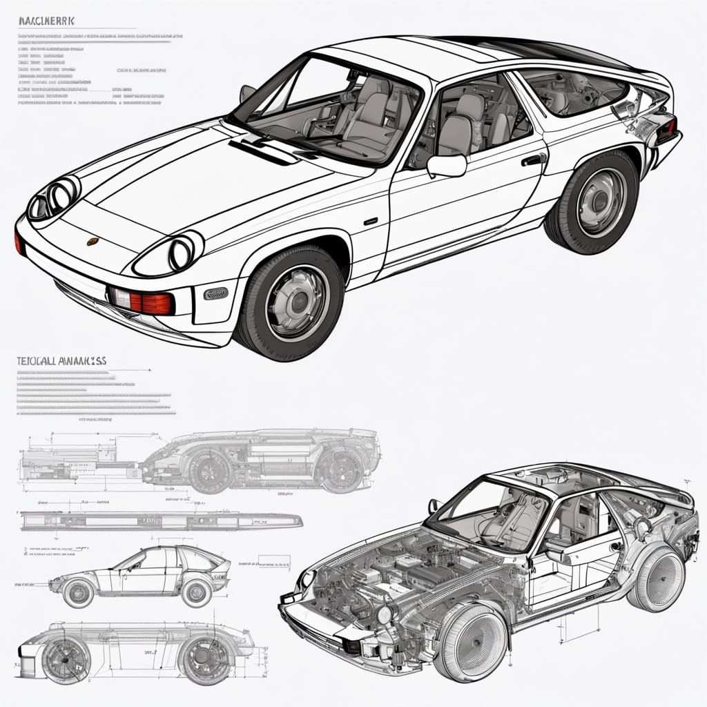 Porsche 928S Exploded Technical Diagram, CAD Rendering