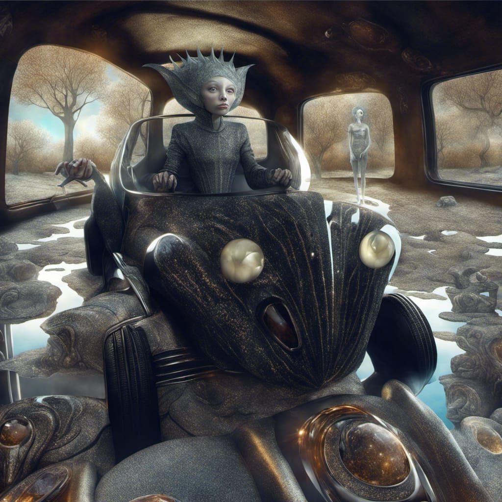 Smiling Alien People Driving Exquisite Car: Surreal Photorea...