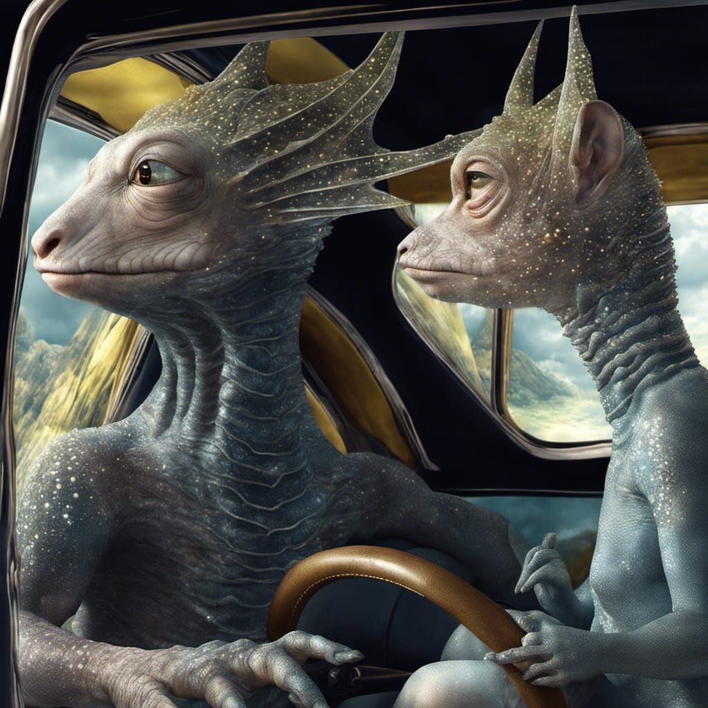 Smiling Alien People Driving Exquisite Automobiles