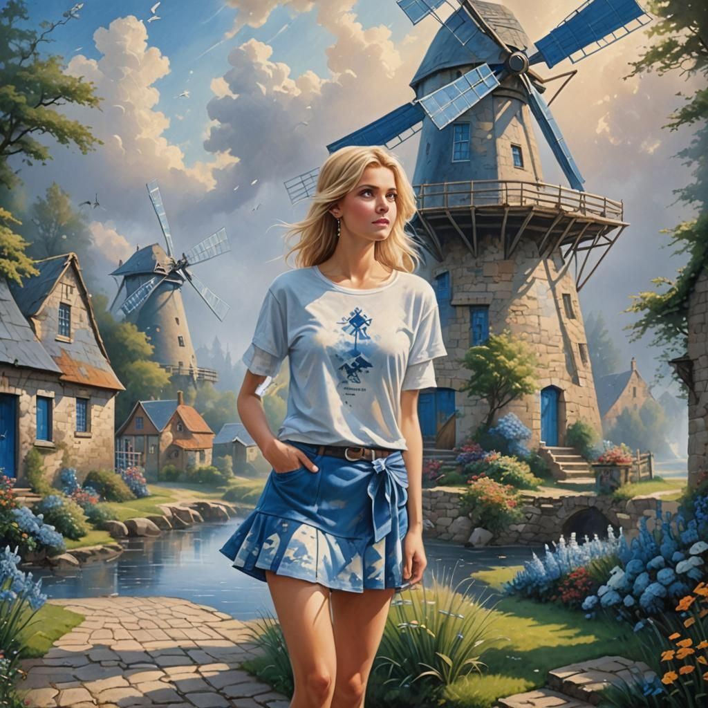 Blond Woman Paints Delft Windmill, Kinkade Style