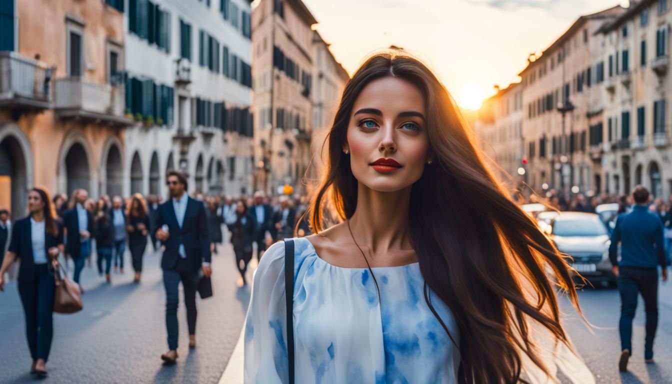 Elegant Italian Woman in Watercolor Sunset
