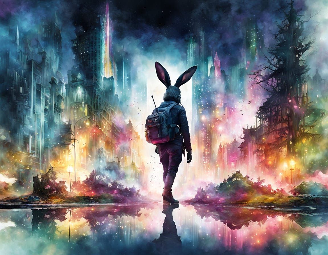 Bunny Pirouettes in Lush Fantasy Landscape