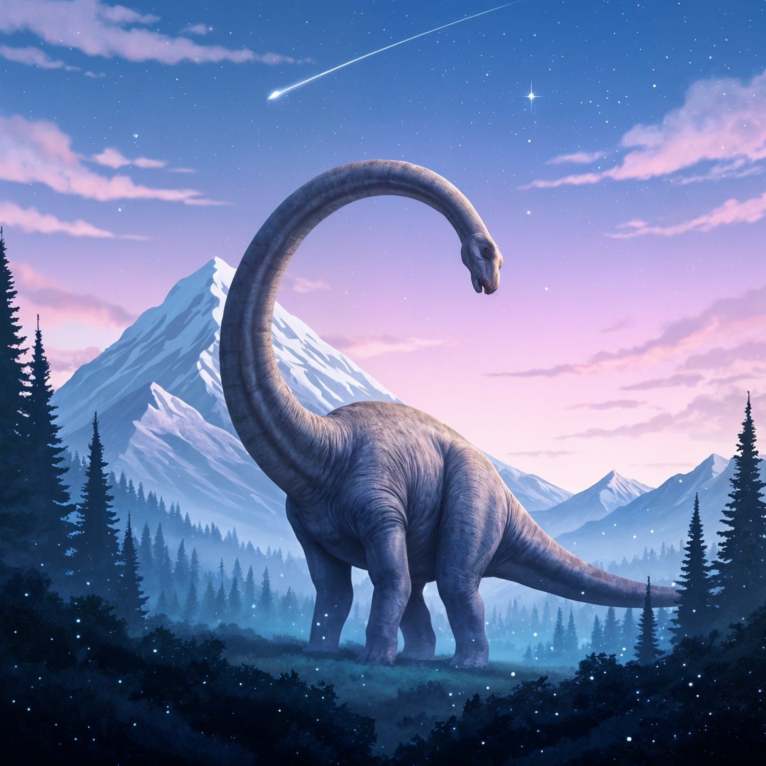 Majestic Dinosaur Emerges from Mountain at Night