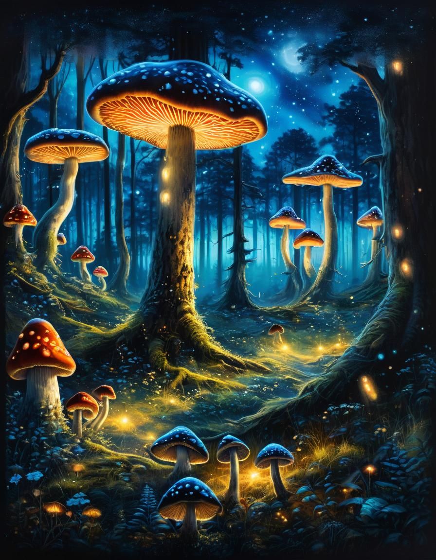 Mystical Mushroom Forest Landscape in Oil Painting Style