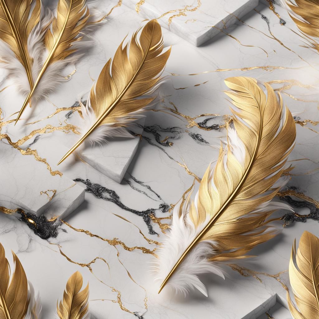 Golden Lighted Marble Feather Fantasy Art
