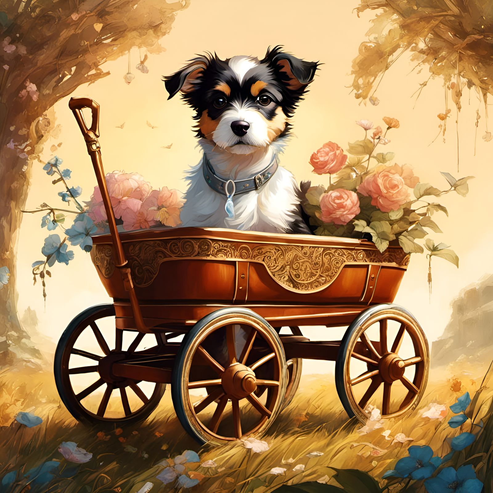 Dog in Wagon Portrait with Intricate Details