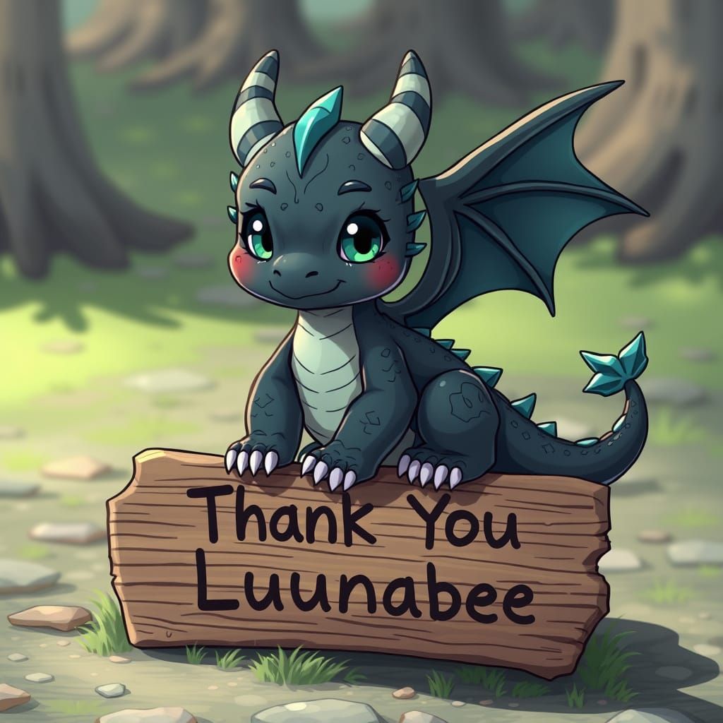 Adorable Obsidian Dragon on Sign, Anime Style
