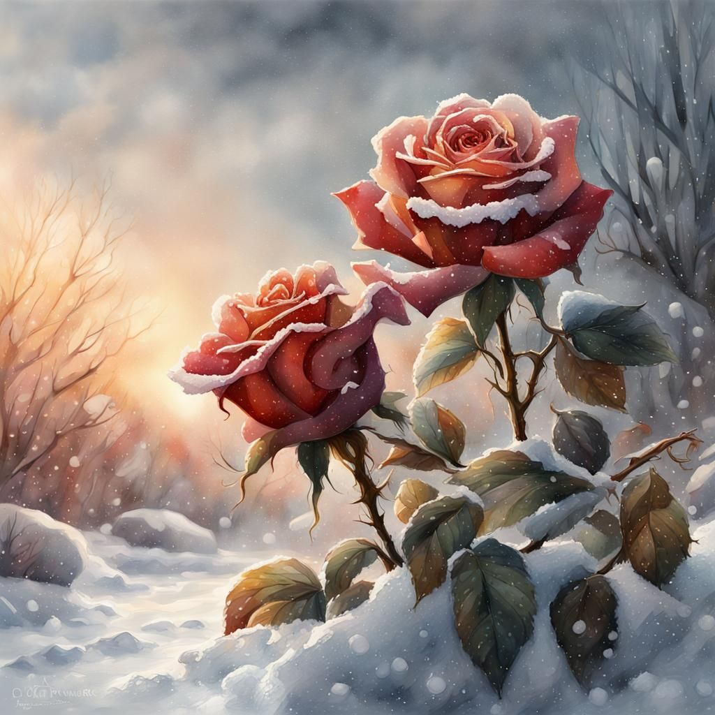 Roses in Winter Snow: Watercolor Masterpiece