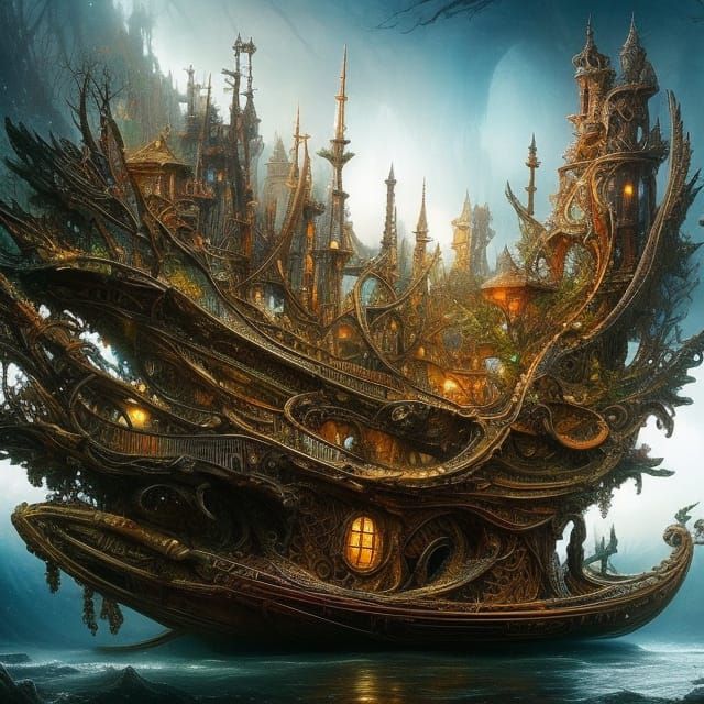 Faerie Home in Gnarled Oak Boat, Fantasy Artwork