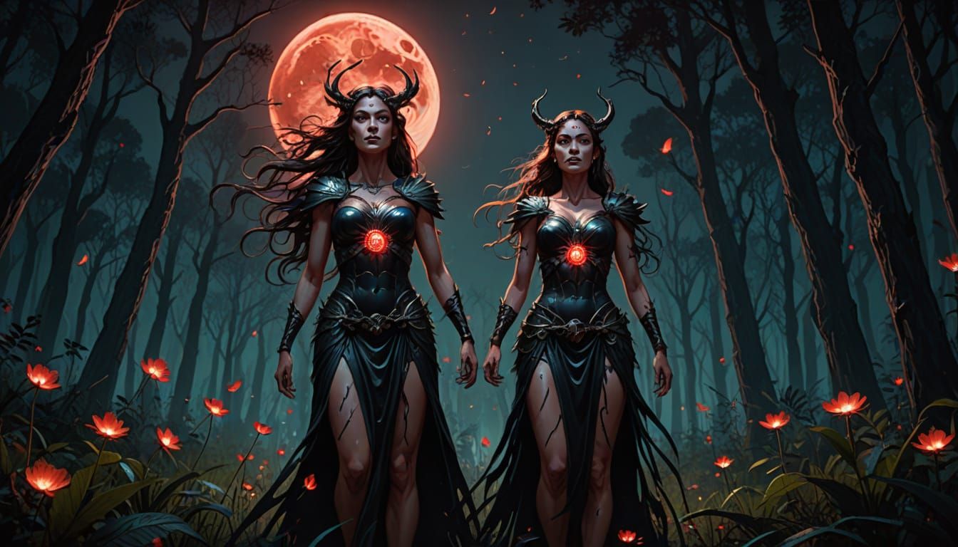 Giant Woman in Magical Forest Under Blood Moon