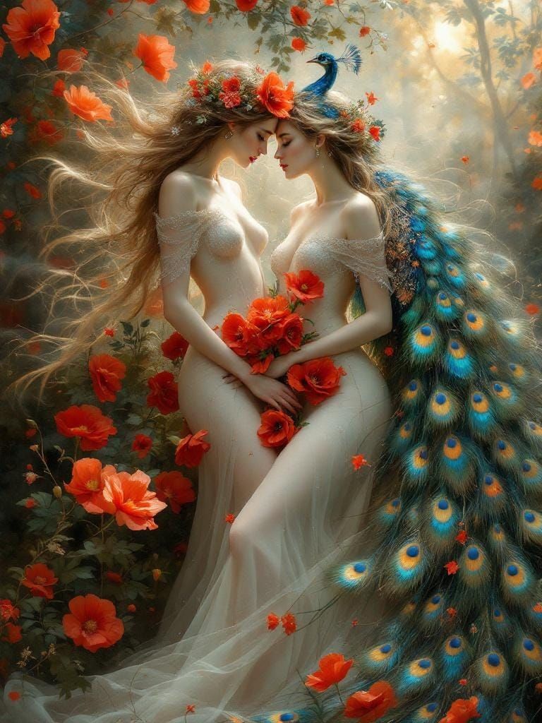 Ethereal Figures with Peacock in Klimt Style