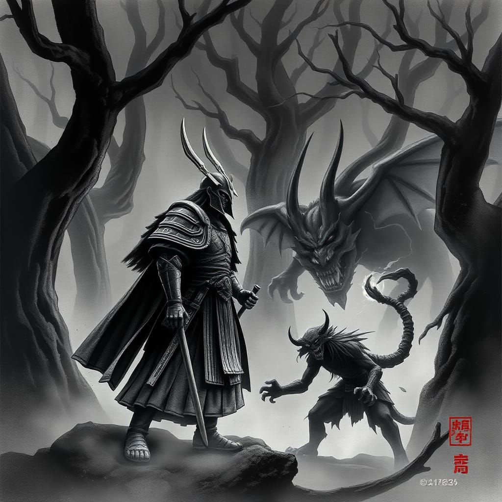 Epic Battle Between God and Demon in Japanese Forest