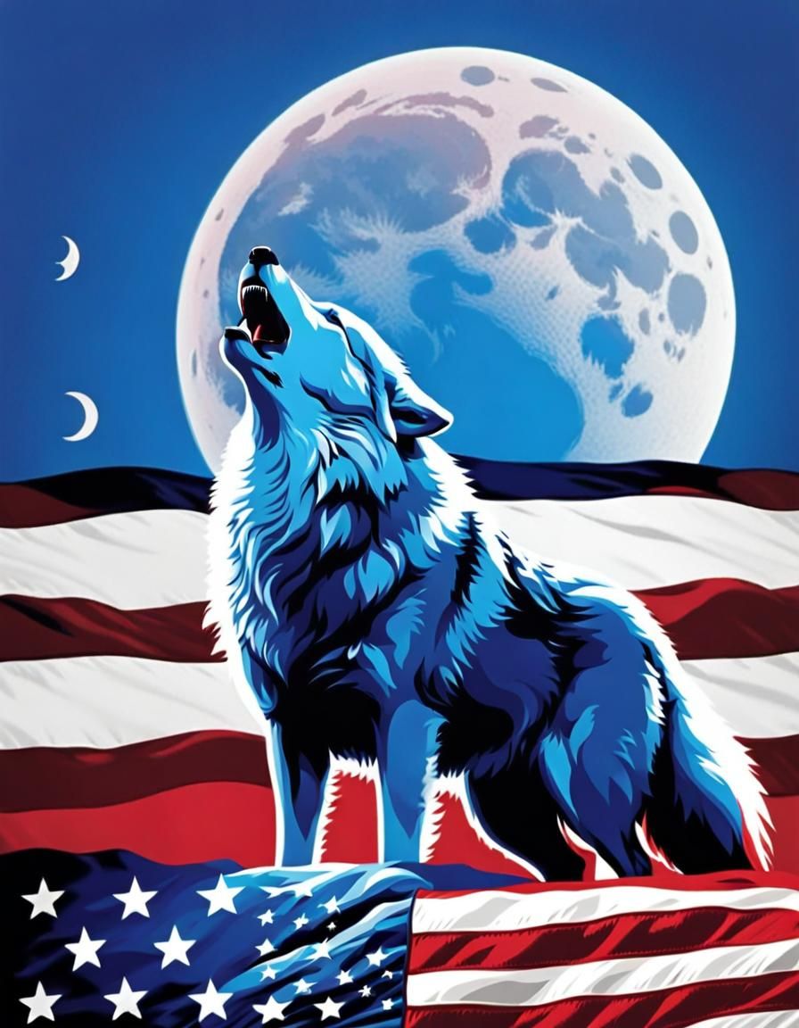 Pop Art Wolf Howling at Moon in American Colors