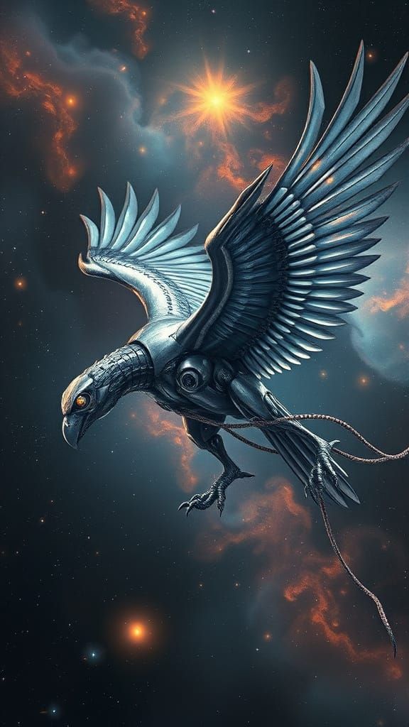 Cyborg Griffin Soaring Through Nebula in Baroque Style