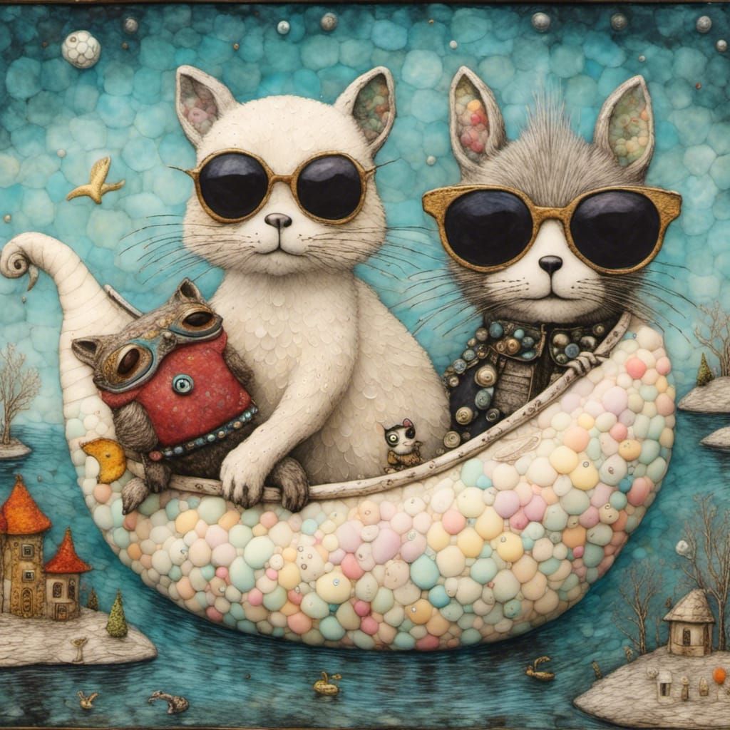 Whimsical Woolen Cat and Squirrel River Adventure