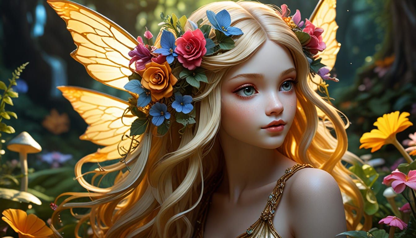 Whimsical Fairy Garden with a Golden Fairy in Hyperrealistic...