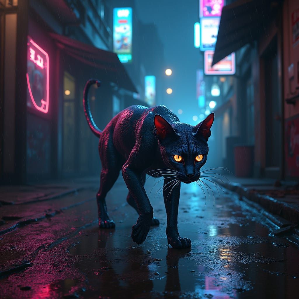 Bioluminescent Feline in Neon Cyberpunk Alleyway