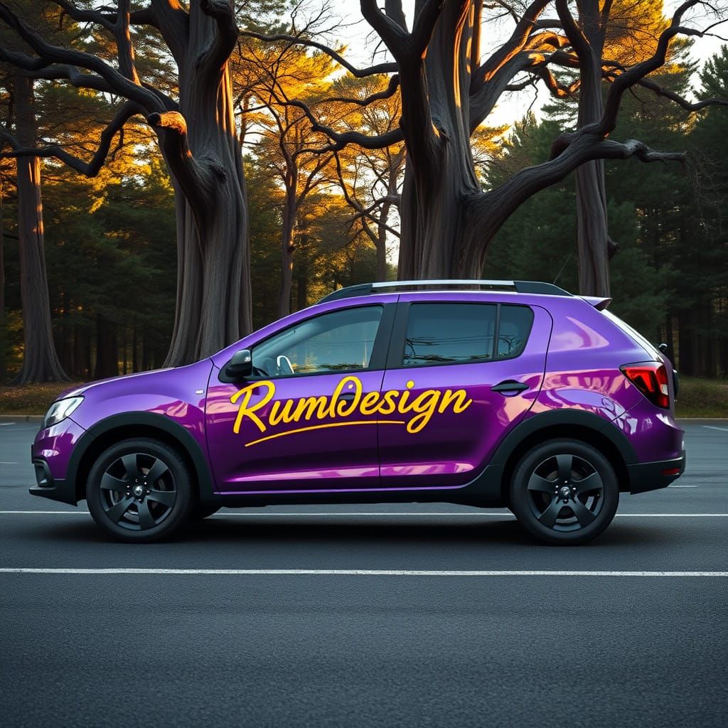 Purple metallic car. Dacia Logan MCV. 
Text on the car, RumleDesign in yellow script. Parked on the parking lot close to...