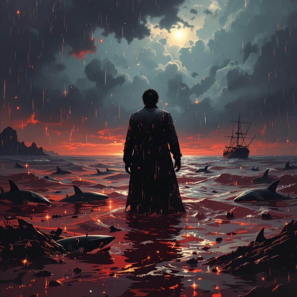 Person Trapped in Ocean Amidst Sharks Under Stormy Skies