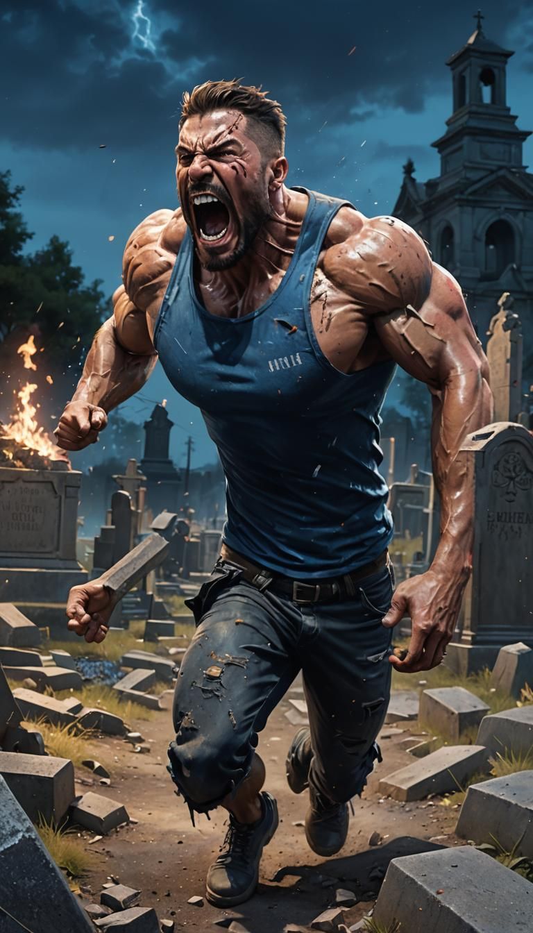 Muscular Man Shouting in Graveyard at Night