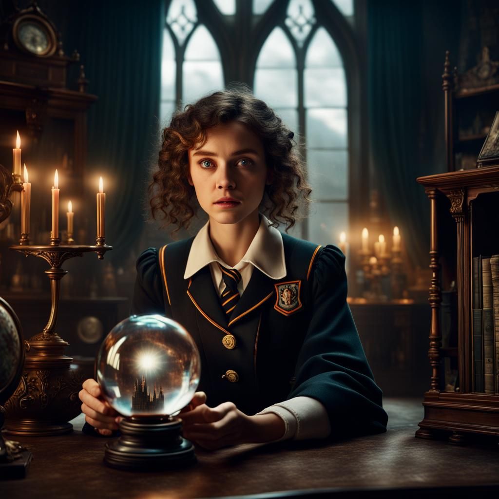 Frightened Girl with Eye Sphere in Hogwarts