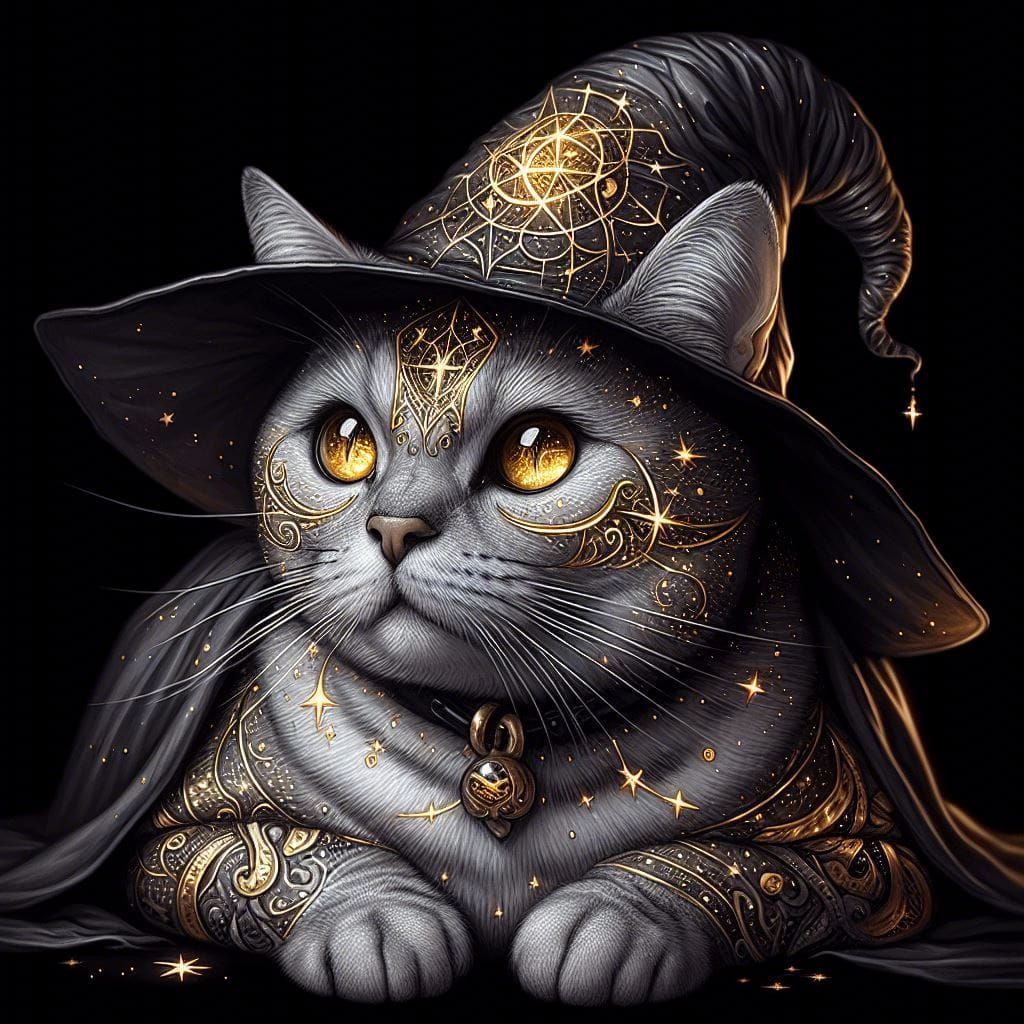 Mystical Cat with Astral Tattoos in Witch Attire