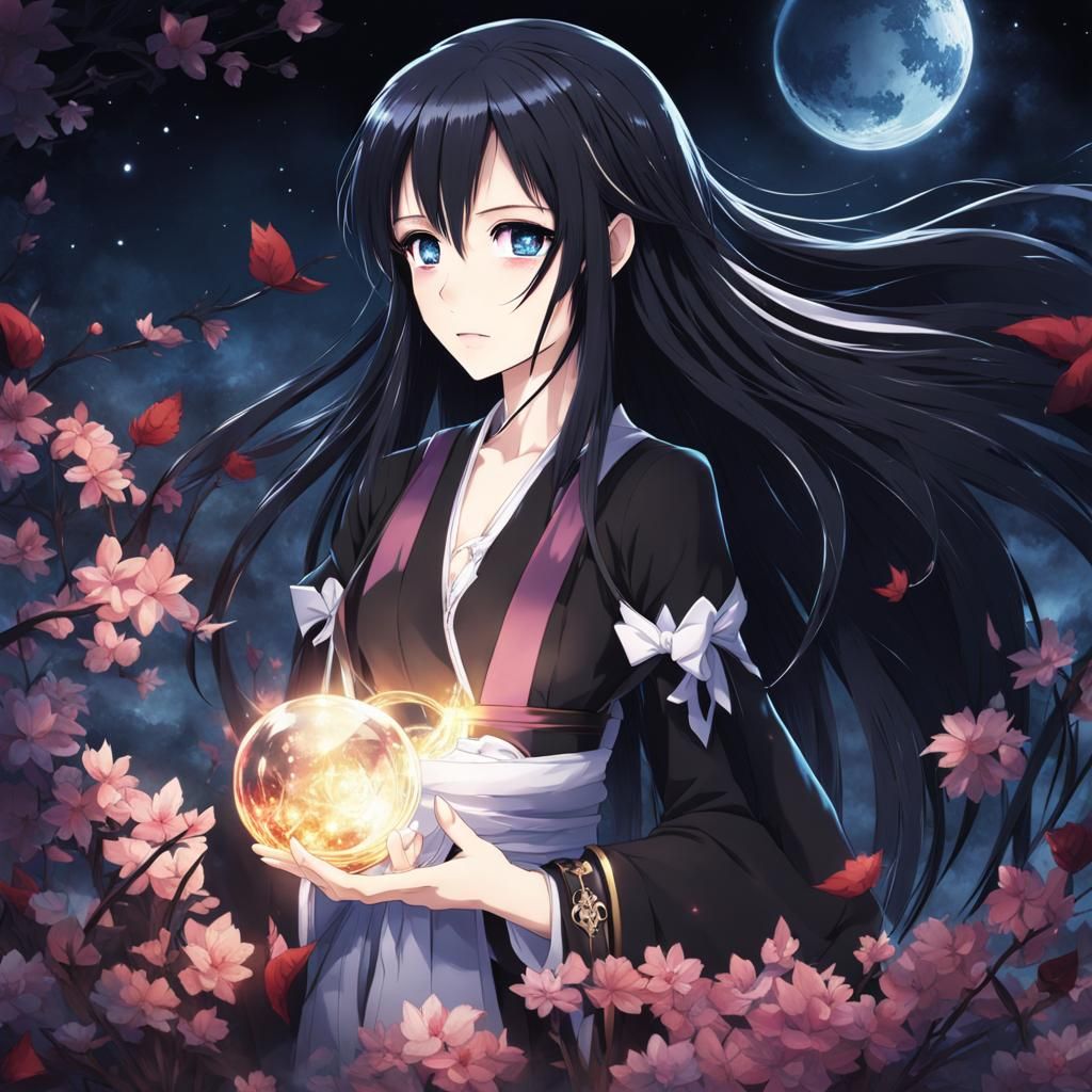 Anime Girl in Flower Field at Night