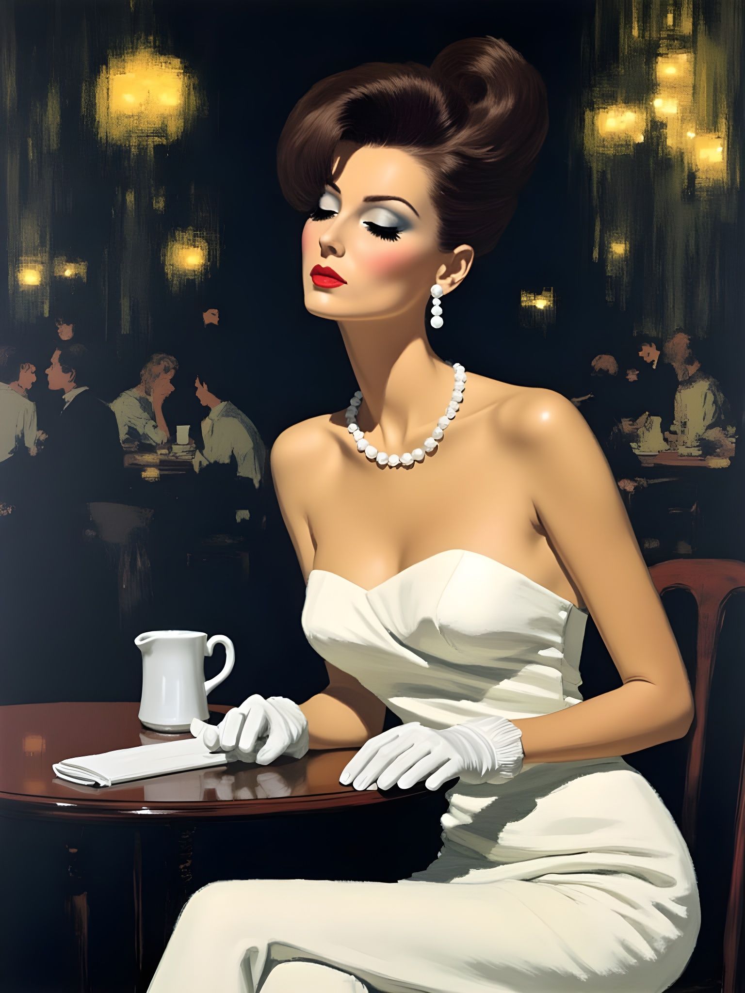 Elegant Woman in Vienna Coffee Shop, 1960s Illustration Styl...